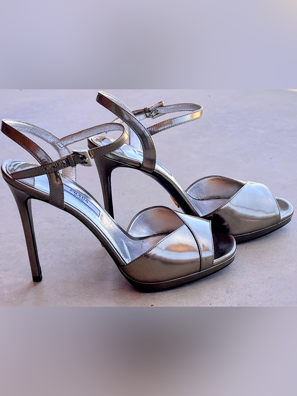 Prada Metallic Leather Platform Sandals Pewter Silver Stiletto Heels 38